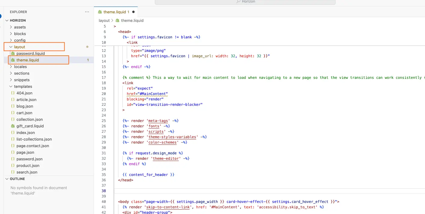 Shopify code editor open to layout → theme.liquid, showing the <head> section where GTM/GA4 script is typically added.