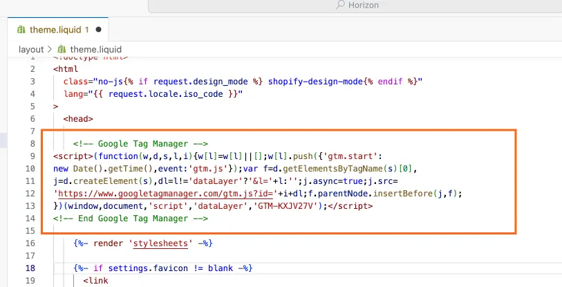 hopify theme.liquid editor showing the Google Tag Manager (GTM) script placed at the top of the <head> to load tags sitewide.