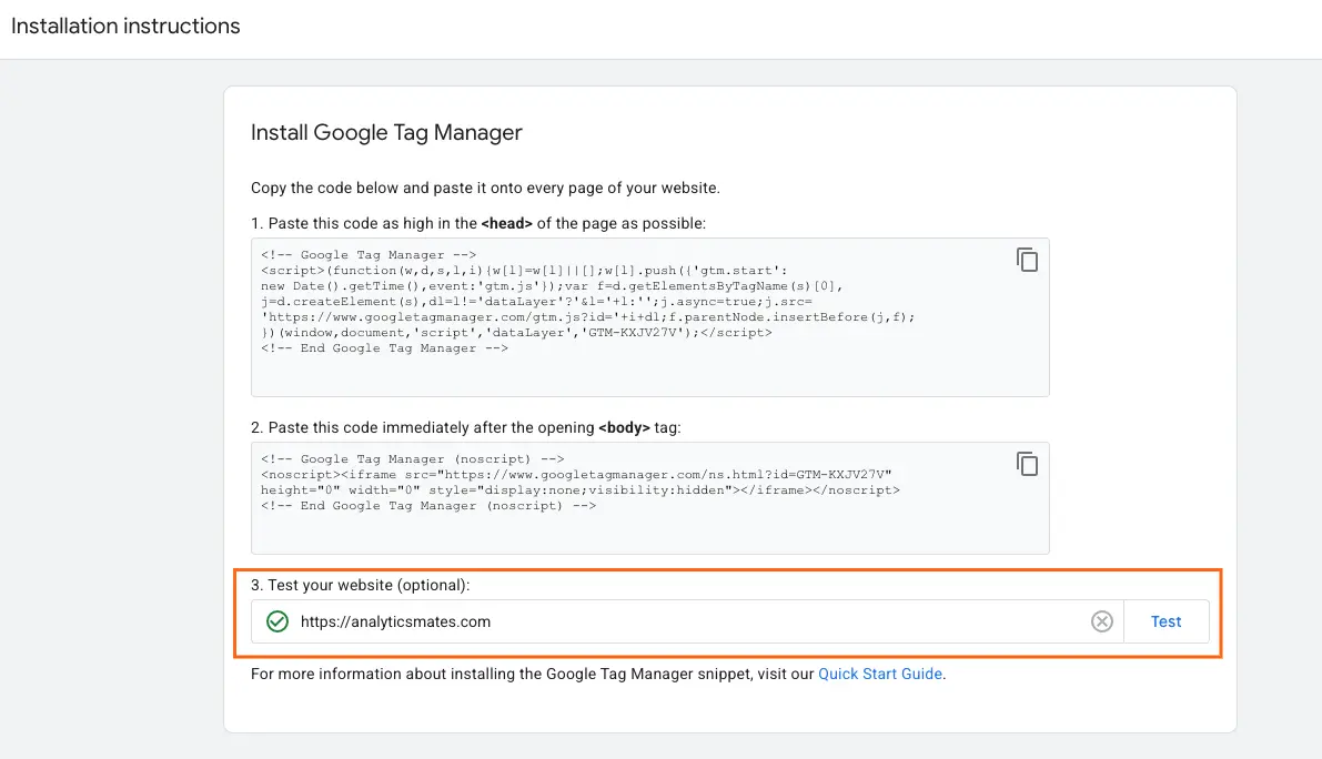 GTM install instructions showing the head and noscript snippets with the Test website field used to verify the tag after installation.