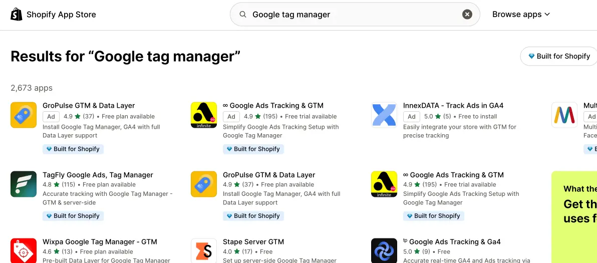 Shopify App Store search results for “Google tag manager” displaying multiple third-party GTM/GA4 apps to integrate tracking.