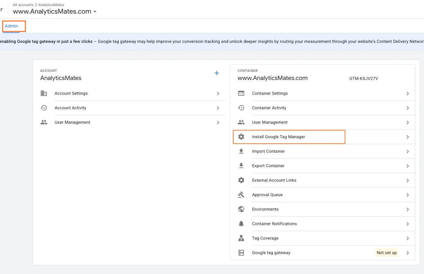 Google Tag Manager Admin panel showing the option to install Google Tag Manager under container settings.