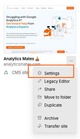 Webflow site dashboard with the settings option highlighted from the dropdown menu.