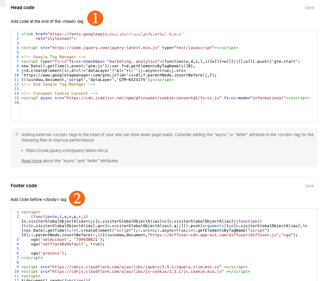 Webflow custom code settings showing placement of Google Tag Manager script in the head section and additional tracking scripts in the footer.