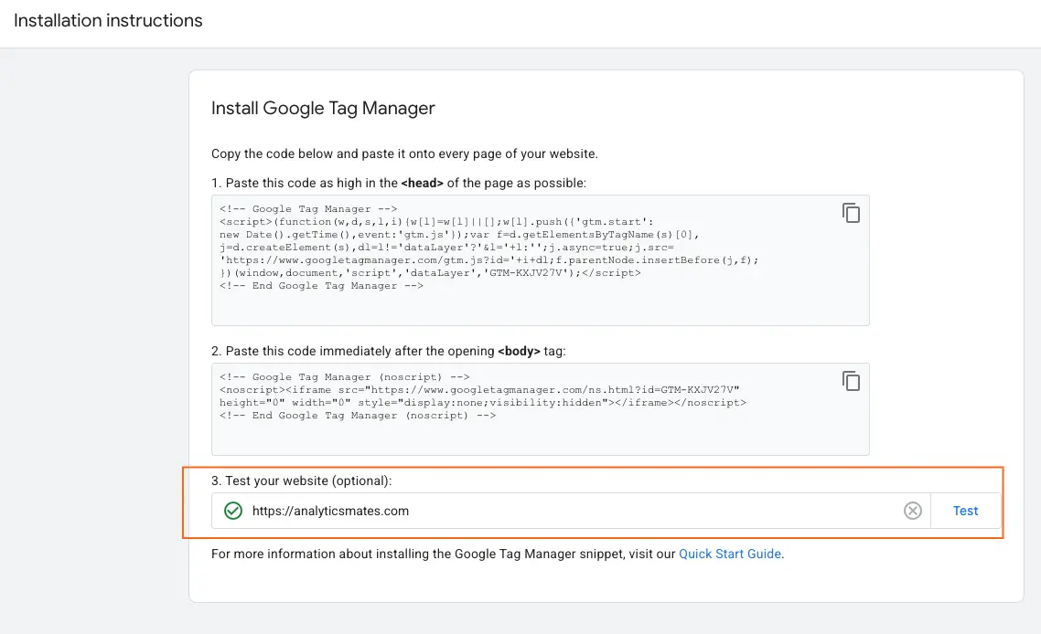 Google Tag Manager installation instructions showing code snippets for head and body sections, with an option to test the setup on the Analytics Mates website.