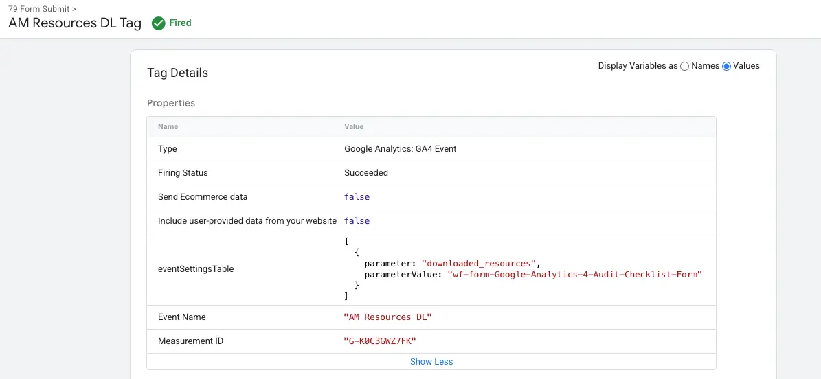 A4 Tag Manager configuration showing a fired custom event named “AM Resources DL,” tracking resource downloads from the Google Analytics 4 Audit Checklist form.