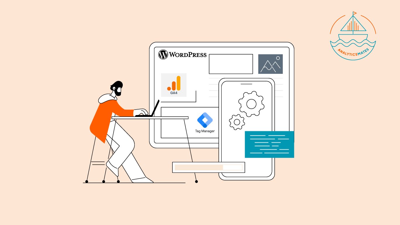 Illustration of a person working on a laptop with WordPress, GA4, and Google Tag Manager icons displayed, symbolizing website tracking and analytics setup.