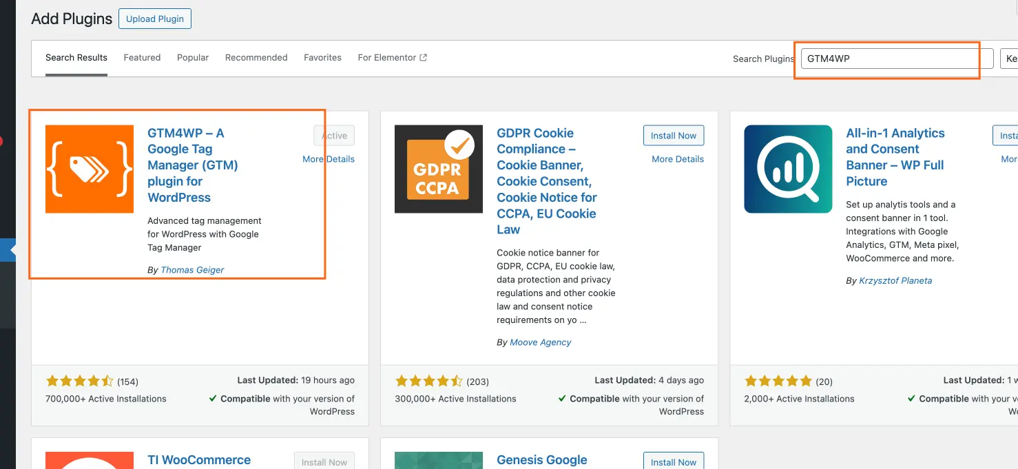 WordPress plugin search results showing the GTM4WP plugin highlighted for installation, used to integrate Google Tag Manager with WordPress.