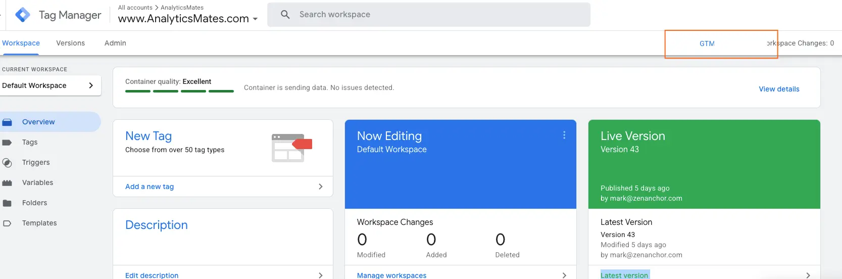 Google Tag Manager workspace dashboard showing container status, tag options, and live version details for a WordPress site integration.