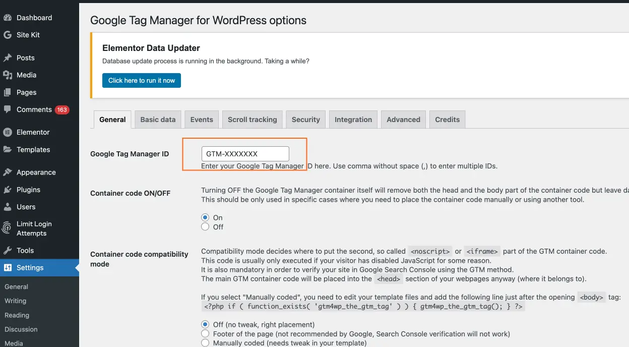 WordPress settings page showing the Google Tag Manager for WordPress options with a field to enter the GTM container ID.
