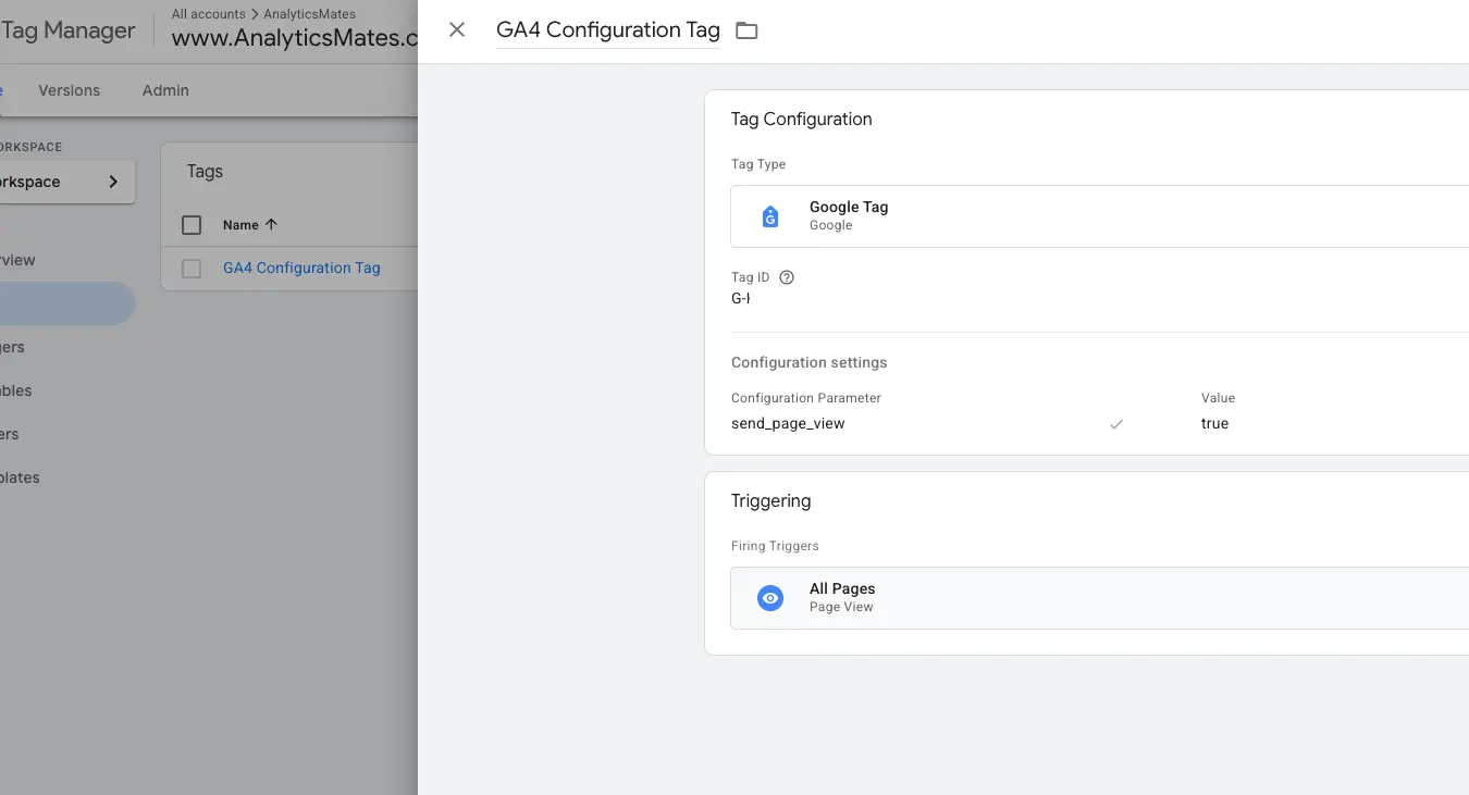 Google Tag Manager setup screen showing a GA4 configuration tag with page view tracking enabled for all pages.