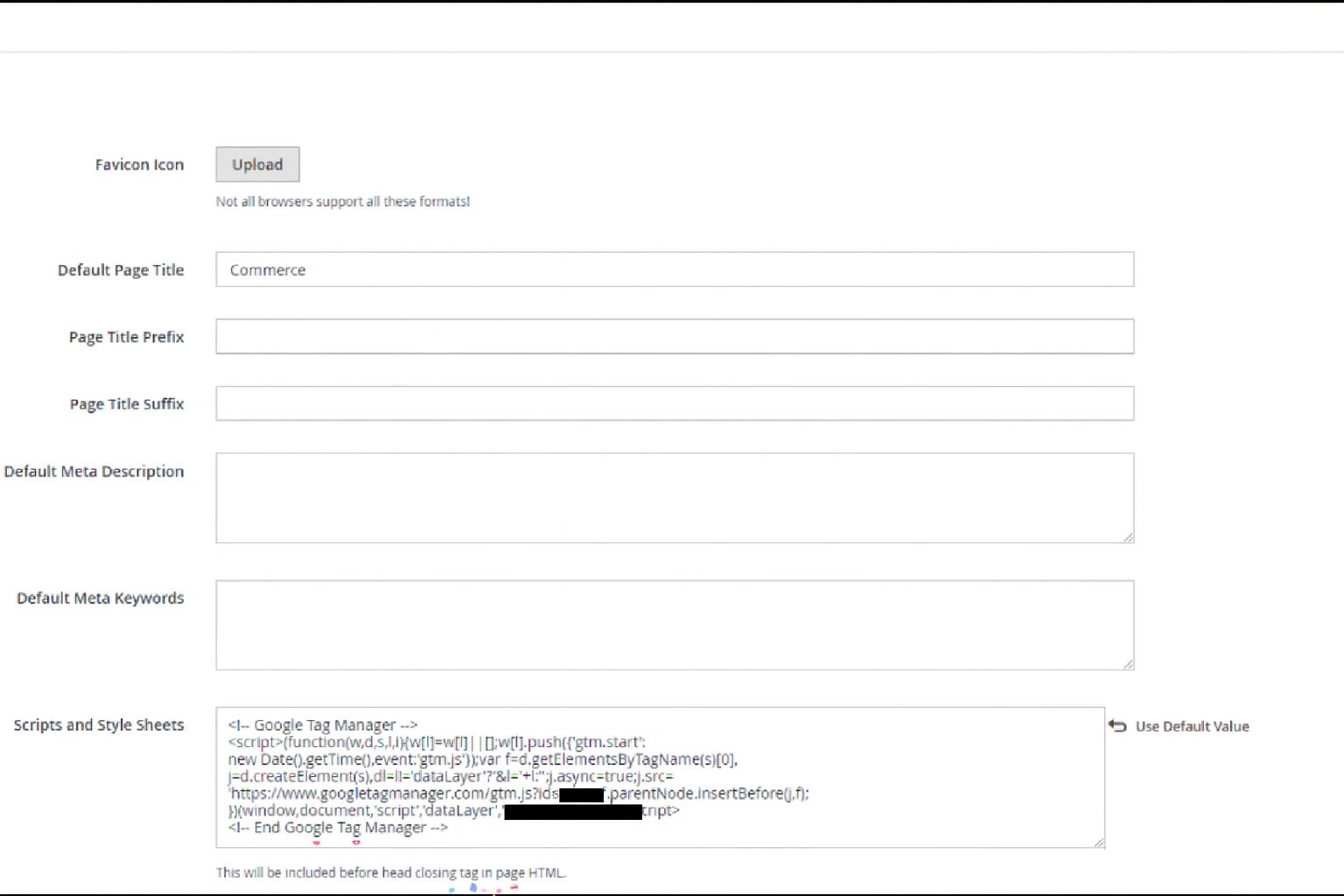 Magento admin panel showing the HTML Head configuration with Google Tag Manager script added under Scripts and Style Sheets.