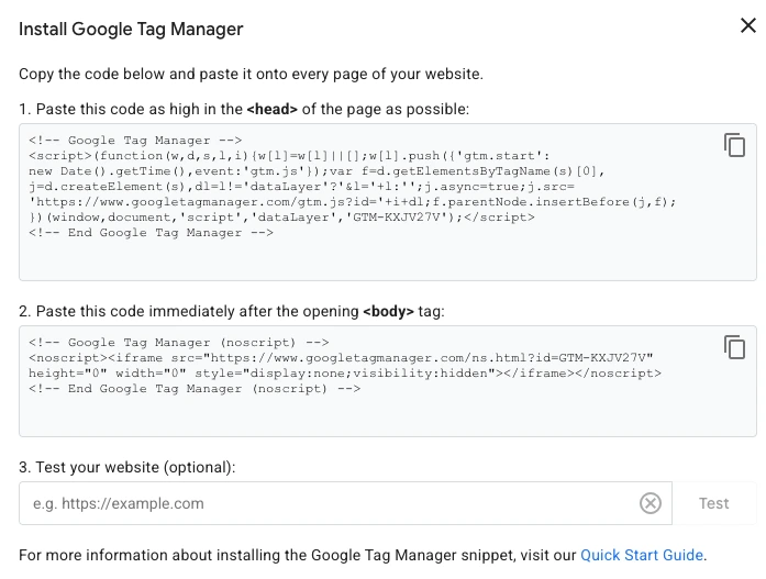 Installation instructions for adding Google Tag Manager to a website, showing code snippets for the head and body sections.