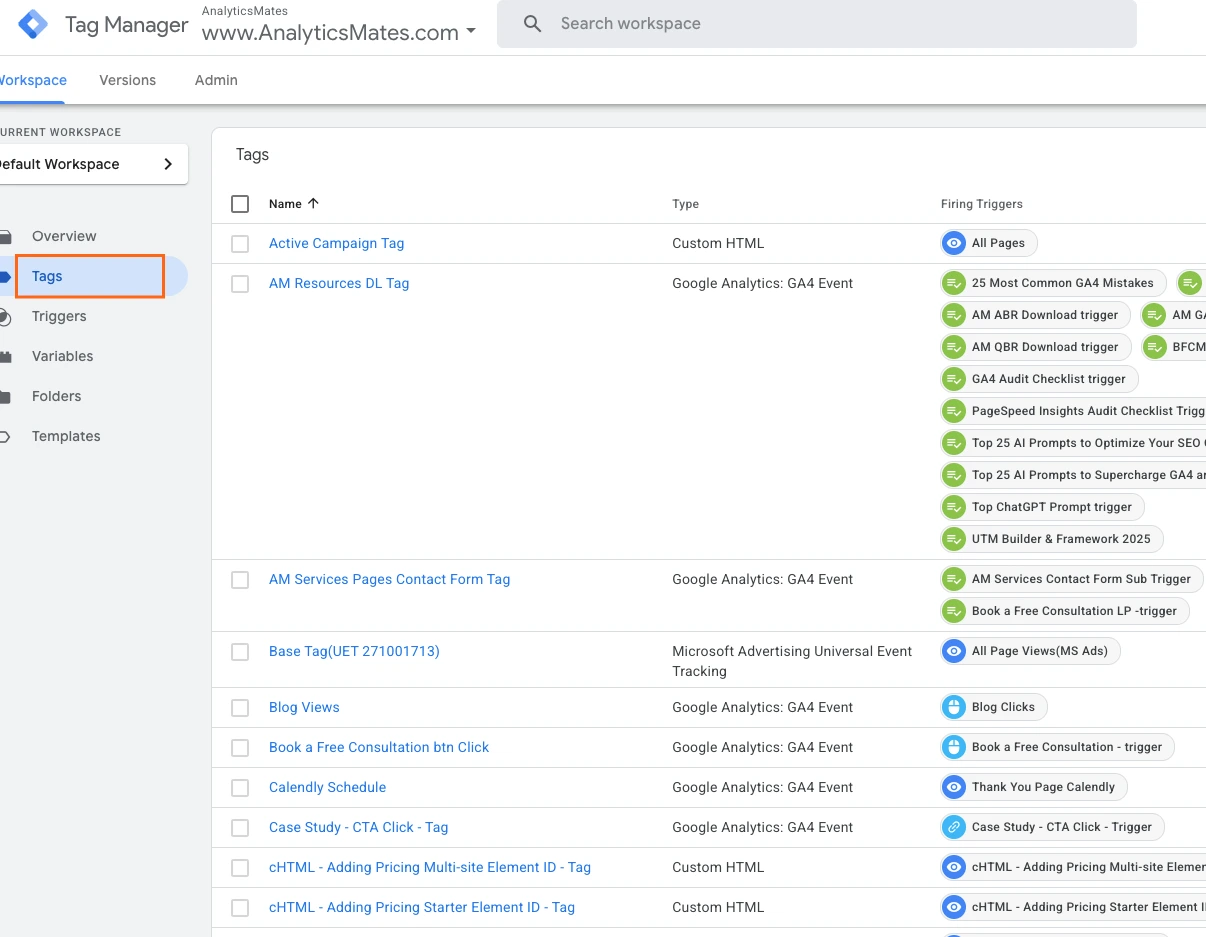 Google Tag Manager workspace showing a list of tags, including GA4 event tags with their assigned firing triggers.