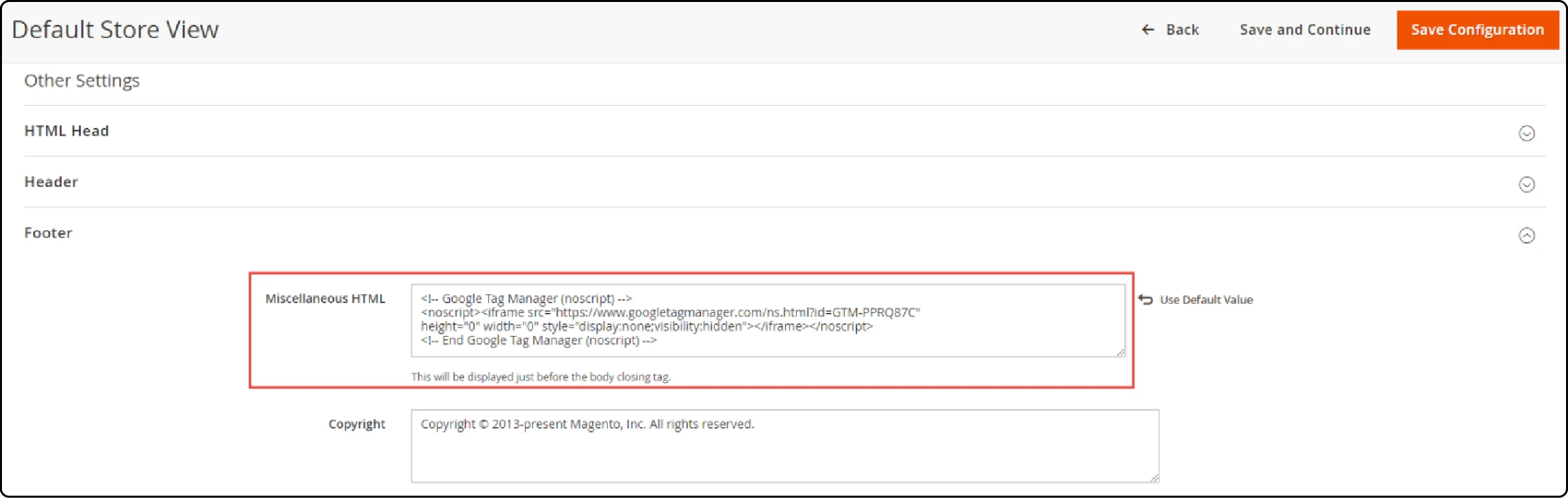 Magento store view configuration screen showing the Footer section with the Google Tag Manager noscript code placed in the Miscellaneous HTML field.