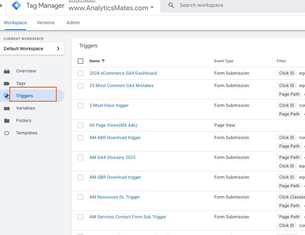 Google Tag Manager workspace displaying the Triggers tab with multiple form submission and page view triggers listed for GA4 tracking.