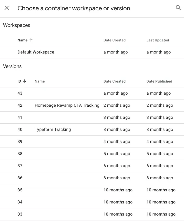 Panel to choose a GTM workspace or container version, listing the Default Workspace and version history with dates so you can select one before exporting the container JSON for audit.