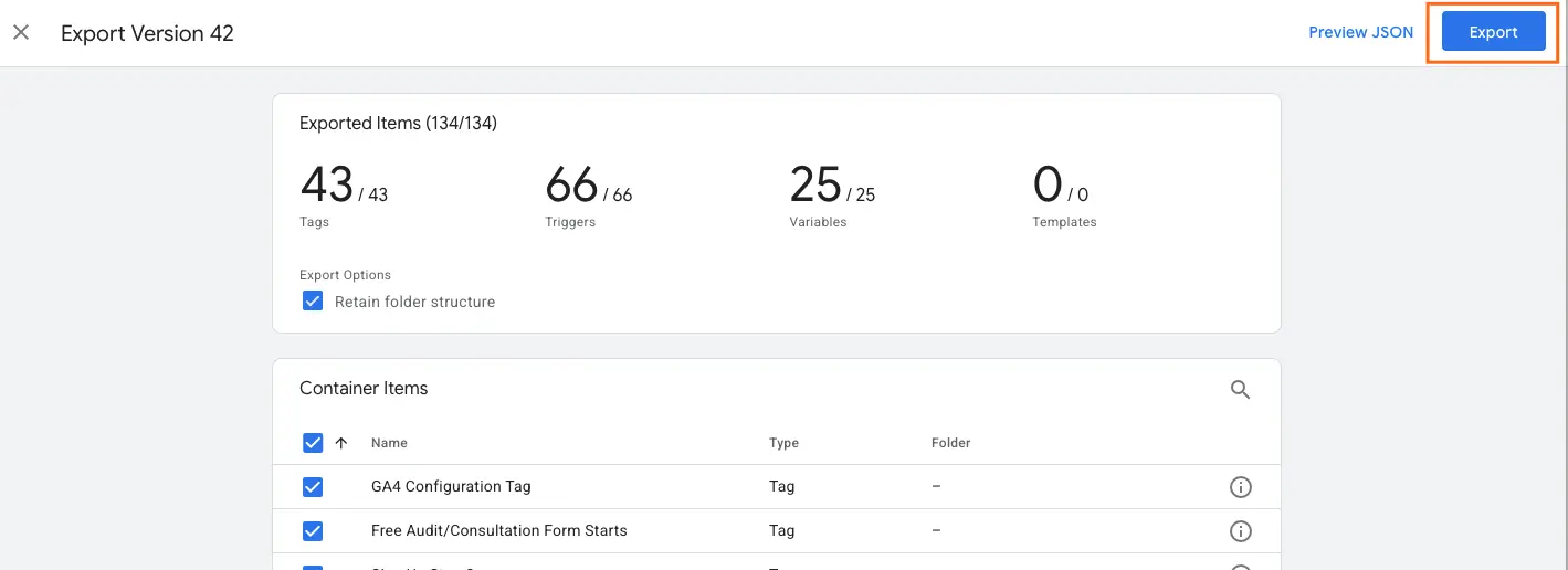 GTM export summary for a selected container version showing totals for tags, triggers, and variables, with the Export button highlighted to download the JSON.