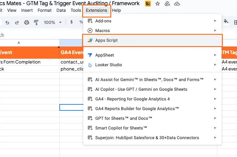 Google Sheets menu highlighting Extensions and Apps Script to open the script editor before adding the automation.