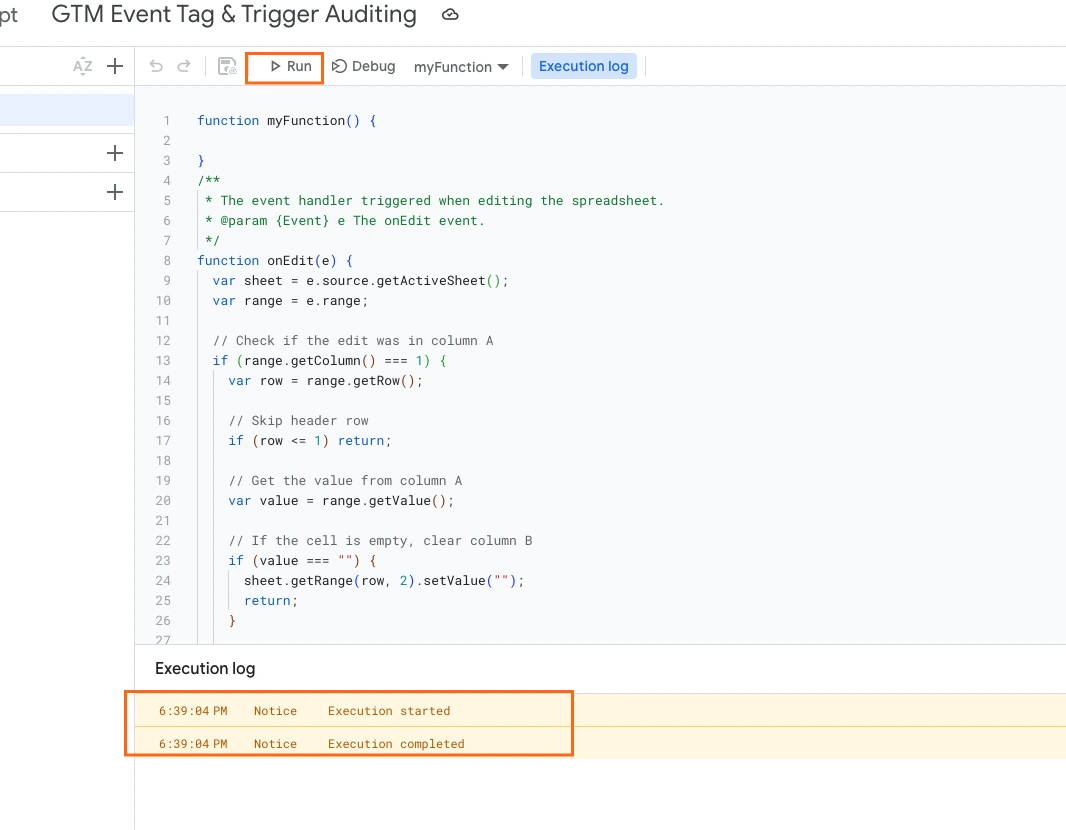Apps Script editor with Code.gs open, the Run button highlighted, and the Execution log showing “Execution started” and “Execution completed” to illustrate authorizing and running the script.