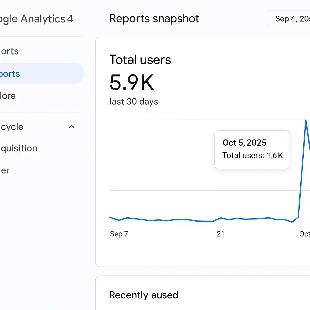 A Google Analytics 4 report showing a sudden spike in total users on October 5, 2025, illustrating unexpected traffic growth or potential data anomaly.