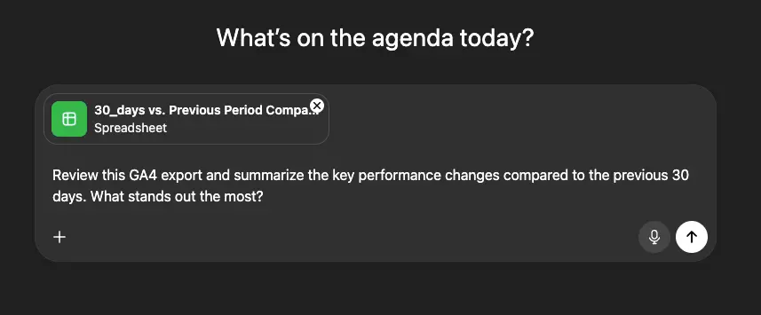 A prompt instructing an AI tool to review a GA4 export and summarize key performance changes from the last 30 days, illustrating AI-assisted data analysis in action.