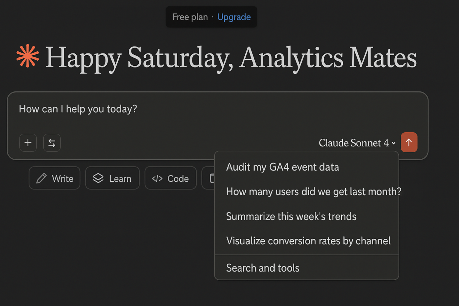 AI assistant interface displaying preset questions related to Google Analytics 4, such as auditing event data and visualizing conversion rates, used to illustrate how MCP enables direct data interaction through AI tools.