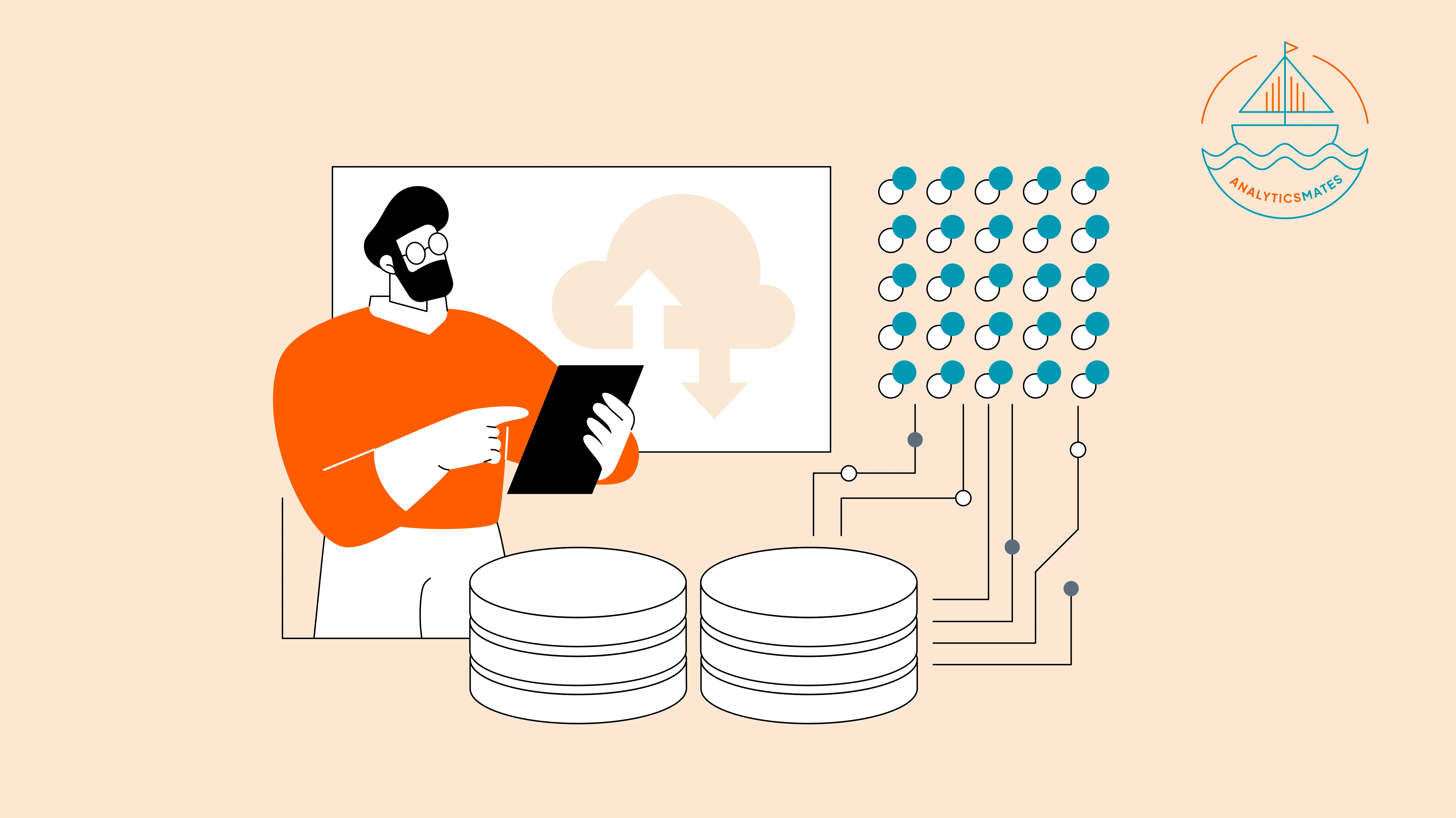 Illustration of a digital analyst managing data uploads and cloud connections using a tablet, representing data integration and preparation for advanced analytics.
