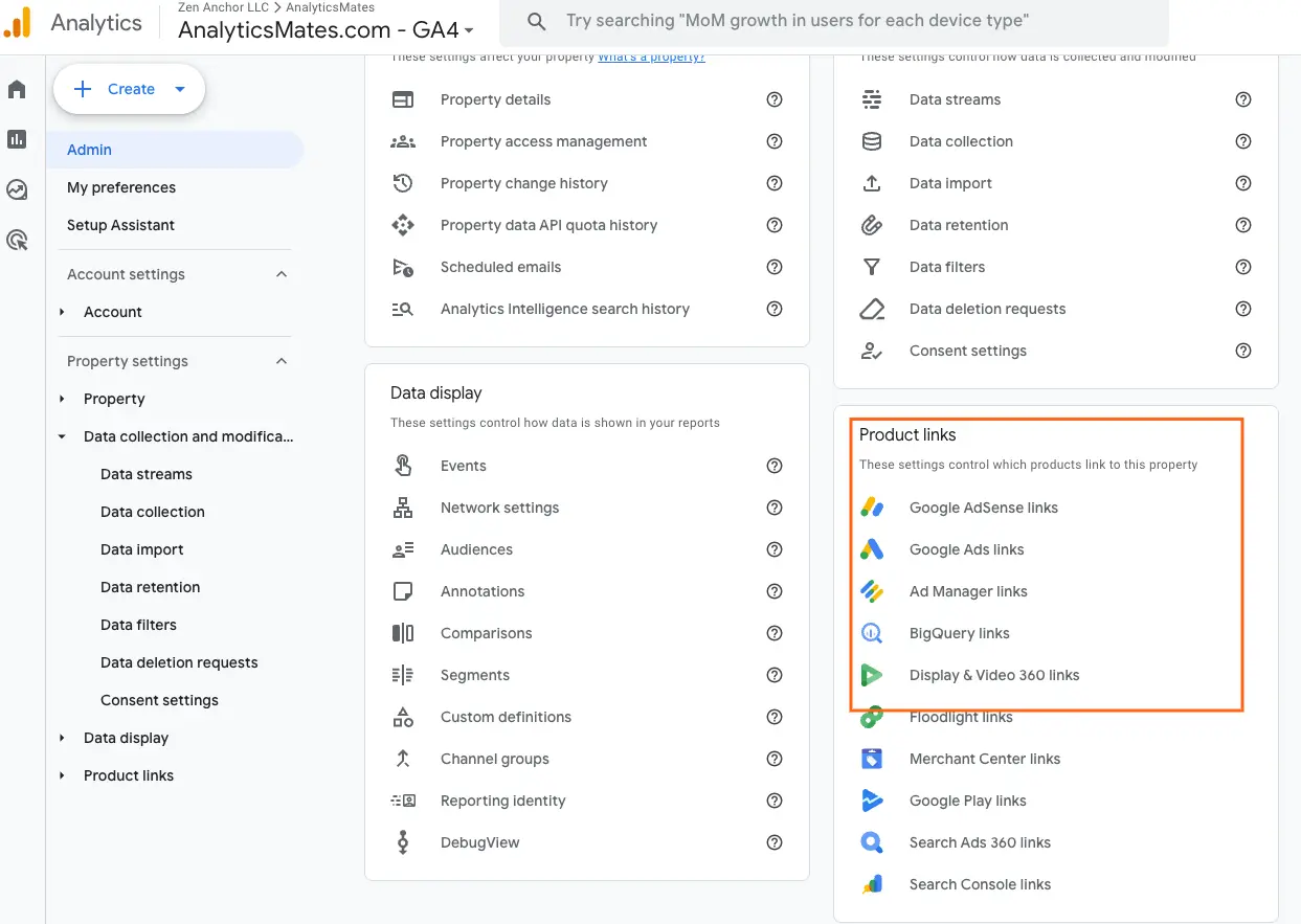 GA4 Admin panel highlighting Product Links where Google Ads, AdSense, and BigQuery integrations can be connected for unified reporting.