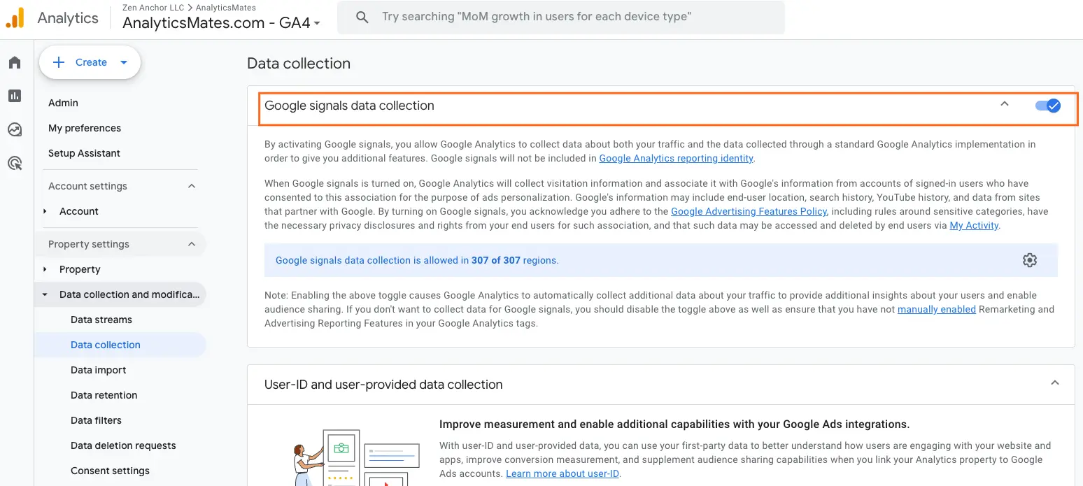 Google Analytics 4 settings page showing the Google Signals data collection option under Data Collection to enable cross-device user insights.
