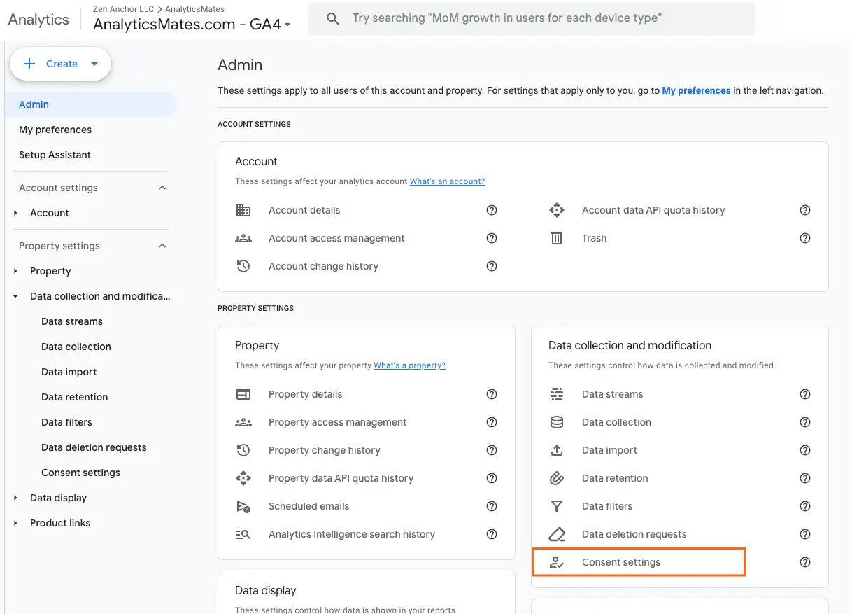 Google Analytics 4 Admin view focusing on Consent Settings under Data Collection to manage user data privacy preferences.