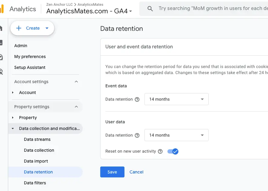 GA4 Data Retention settings showing both user and event data configured for a 14-month retention period.