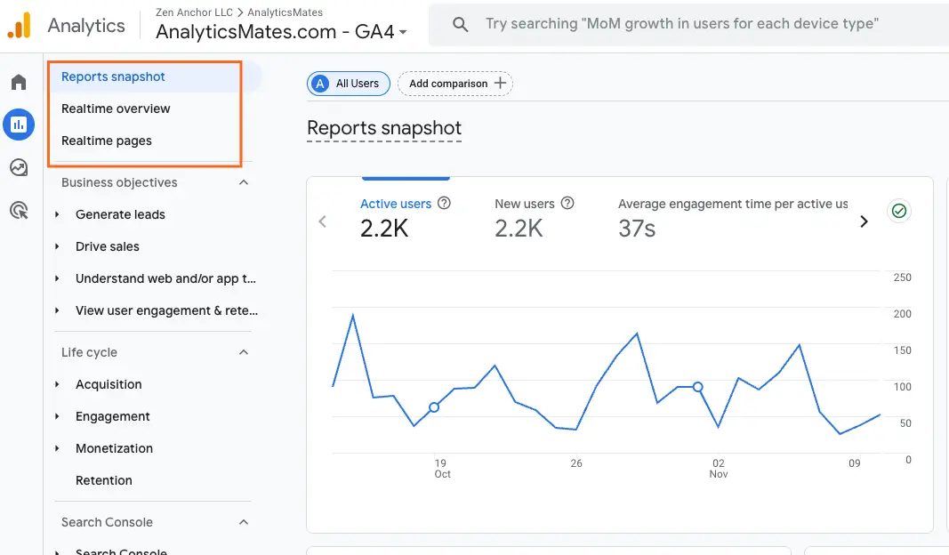 Google Analytics 4 Reports section displaying the Realtime overview option and active user metrics for monitoring live traffic.