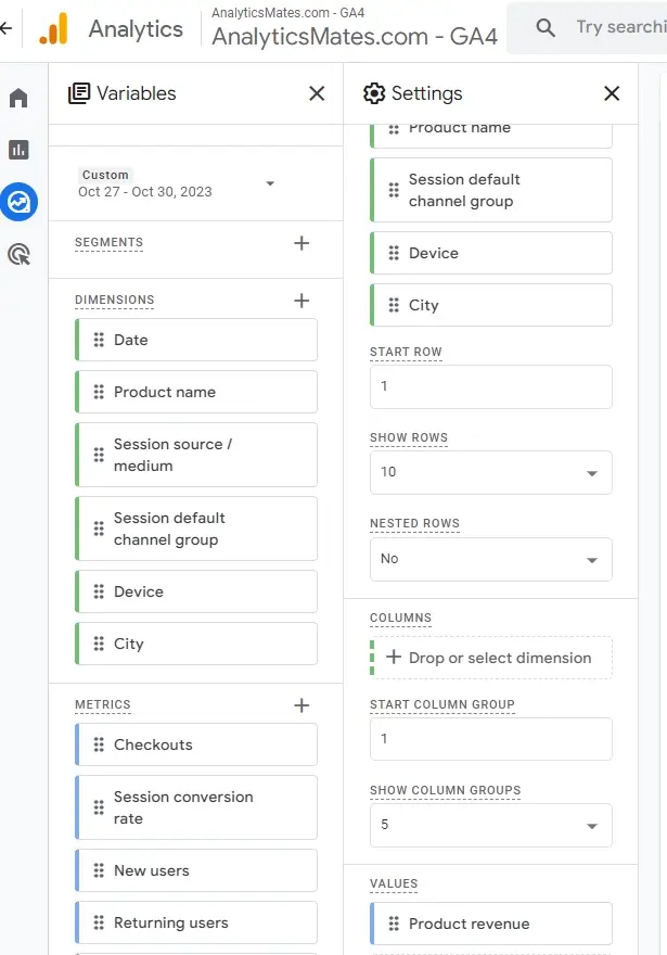 GA4 Exploration report setup showing variables, dimensions, and metrics for analyzing BFCM product revenue and conversion performance.