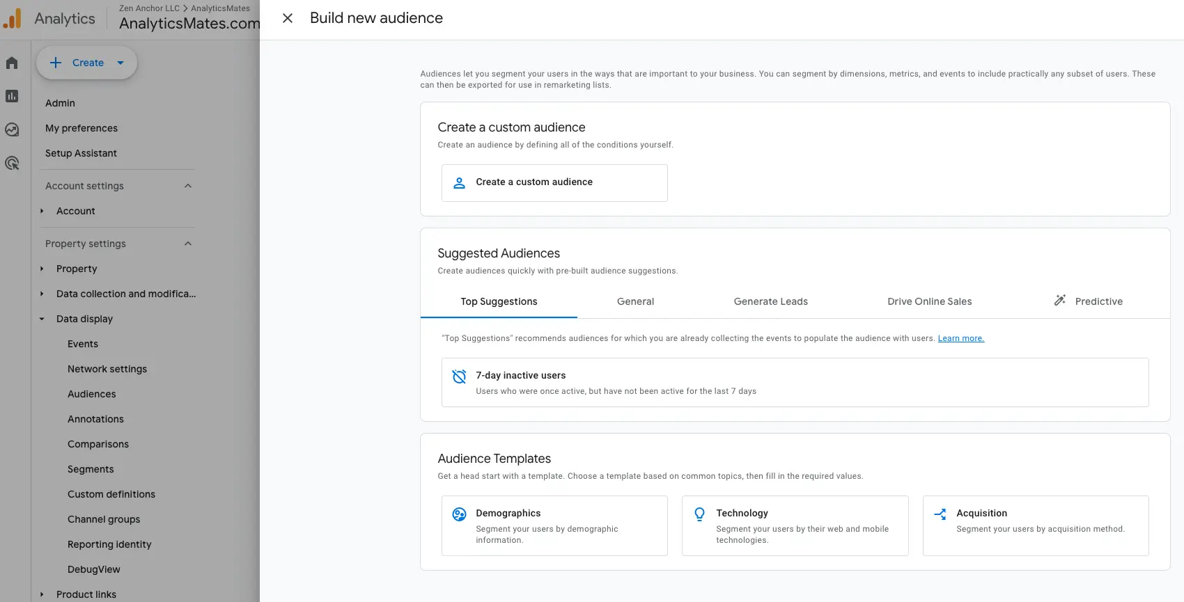 A GA4 interface page showing options to create a custom audience and suggested audience templates for segmentation.