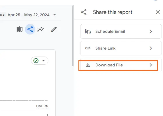 GA4 “Share this report” panel showing the Download File option, guiding users to where they can export their reports.