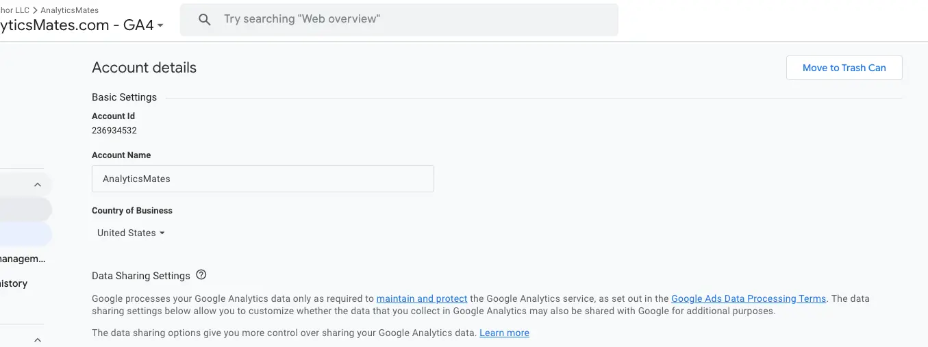 GA4 account settings page showing the Analytics Mates account name, account ID, and data-sharing configuration options.