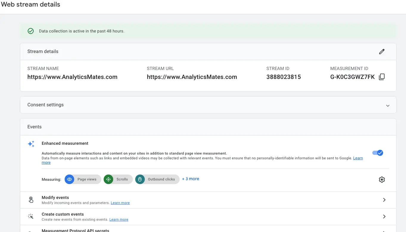 GA4 web stream details page highlighting the active data stream, measurement ID, and enabled enhanced measurement features.