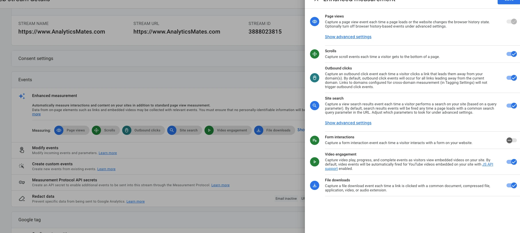 GA4 enhanced measurement settings panel showing toggles for scroll tracking, outbound clicks, site search, video engagement, and file downloads.
