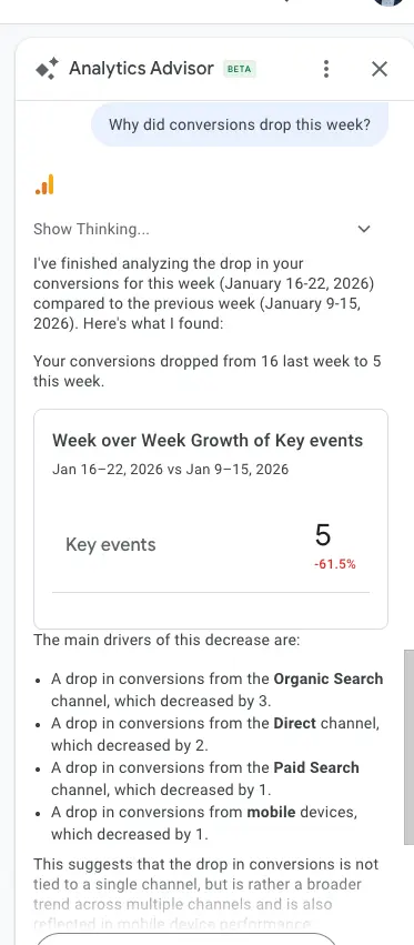 Google Analytics Advisor summarizing a week-over-week conversion drop and attributing it to multiple traffic channels and devices.