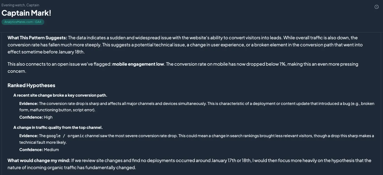 The Helm presenting ranked hypotheses about the cause of a conversion drop with supporting evidence and confidence levels.
