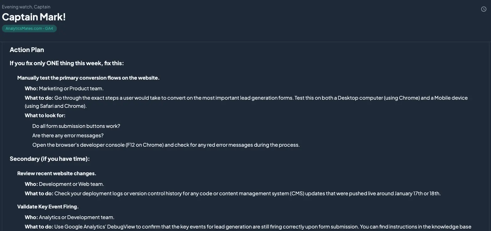 The Helm providing a prioritized action plan to test conversion paths, review site changes, and validate event tracking.