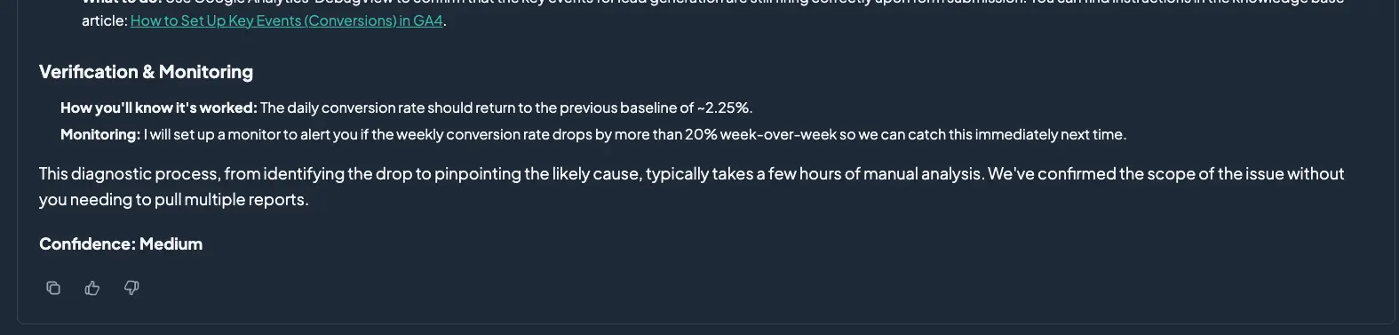 The Helm outlining how to verify the fix and monitor conversion rates to catch similar issues earlier next time.