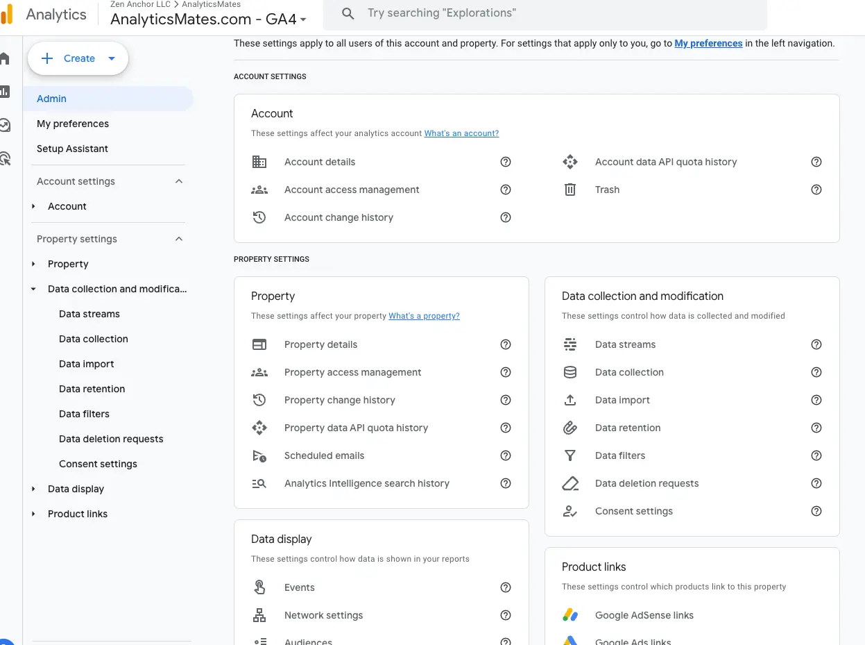 GA4 Admin settings screen highlighting account, property, and data collection controls.