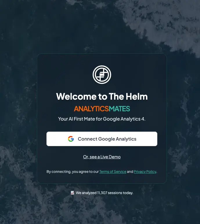 The Helm product login screen inviting users to connect Google Analytics, set against a dark ocean background.