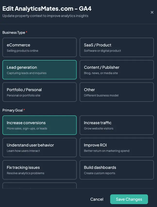 Settings panel where business type and primary goal are defined, emphasizing the importance of clear measurement intent.