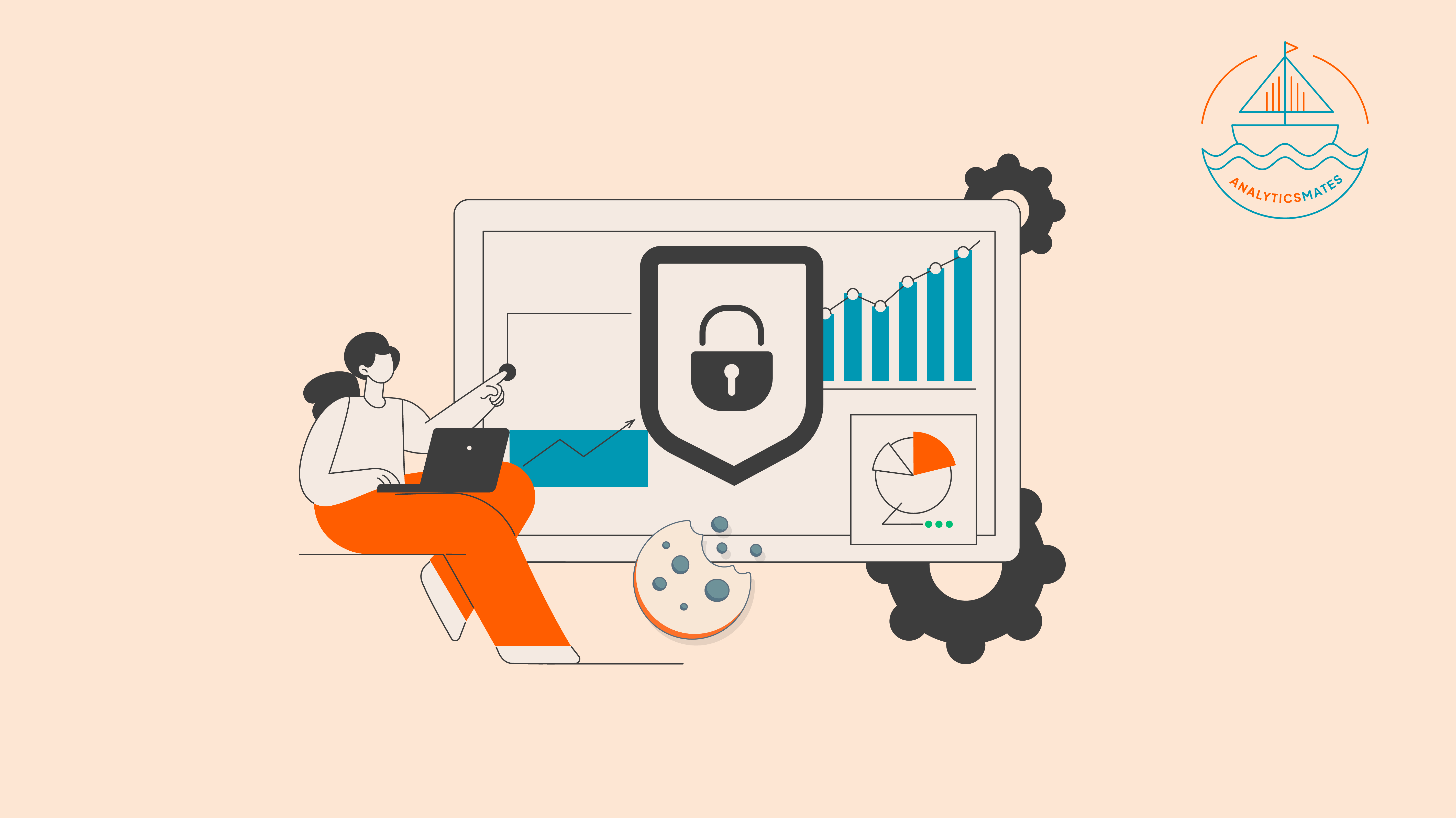 A person pointing to a dashboard that pairs rising analytics charts with a shield and lock, emphasizing that data must be protected to remain reliable.