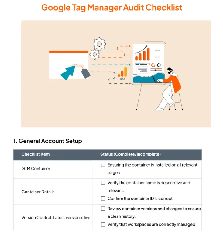 Google Tag Manager audit checklist graphic showing setup verification steps and configuration checks for maintaining clean and accurate measurement tracking.