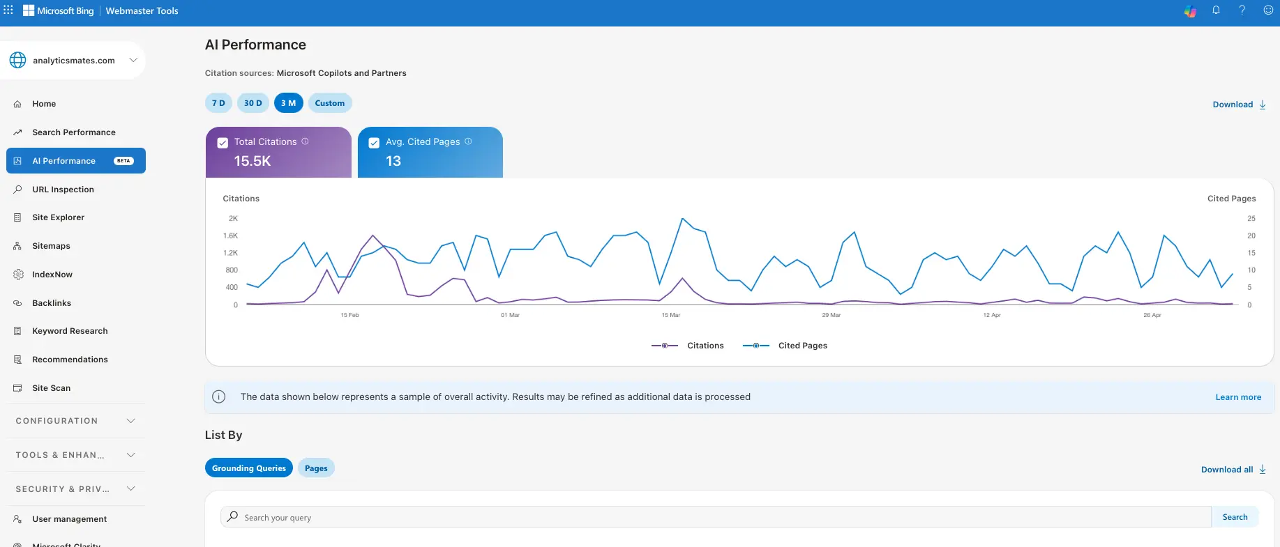 Bing Webmaster Tools AI performance dashboard showing citation trends, cited pages, and AI search visibility metrics