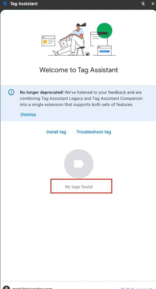 Google Tag Assistant showing no tags found on a website due to broken or missing tracking installation