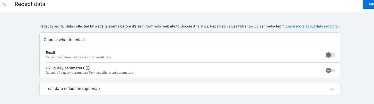 GA4 redact data settings with email and URL parameter redaction disabled
